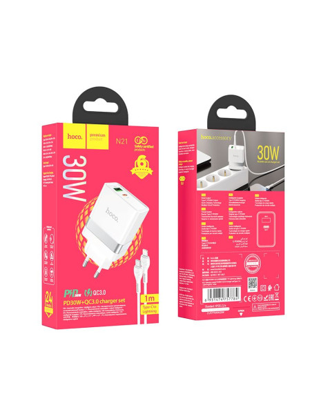 HOCO Chargeur secteur USB A + Type C + câble Type C vers Lightning PD QC3.0 3A 30W N21 blanc