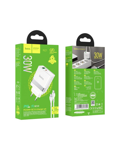 HOCO Chargeur secteur USB A + Type C + câble Type C vers Type C PD QC3.0 3A 30W N21 blanc