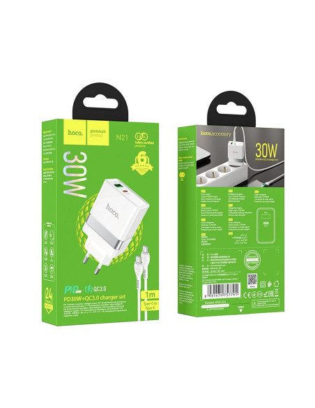 HOCO Chargeur secteur USB A + Type C + câble Type C vers Type C PD QC3.0 3A 30W N21 blanc