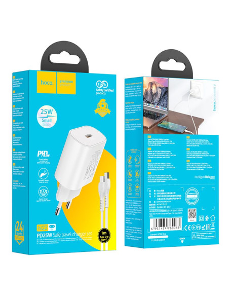 Chargeur HOCO Type C + câble Type C vers Type C PD QC3.0 25W N22 blanc