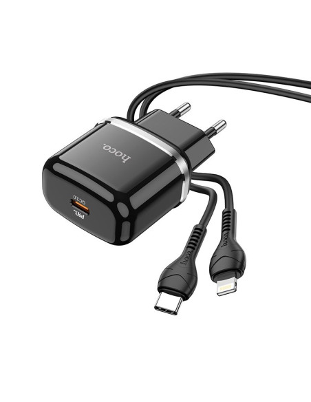 Chargeur secteur HOCO Type C + câble Type C vers Lightning PD QC3.0 20W N24 noir.