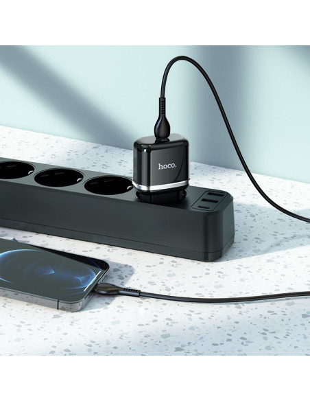 Chargeur secteur HOCO Type C + câble Type C vers Lightning PD QC3.0 20W N24 noir.