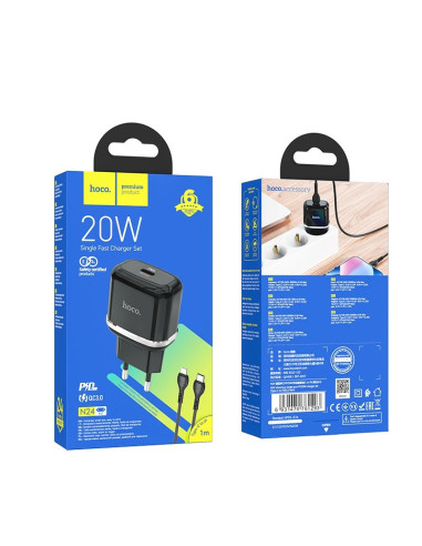 Chargeur secteur HOCO Type C + câble Type C vers Lightning PD QC3.0 20W N24 noir.