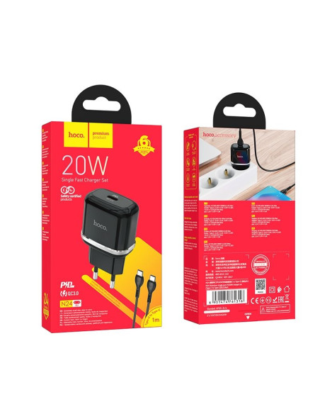 Chargeur secteur HOCO Type C + câble Type C vers Type C PD QC3.0 20W N24 noir.