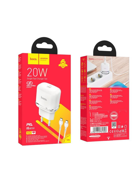 Chargeur secteur HOCO de type C + câble de type C à type C PD QC3.0 20W N24 blanc.