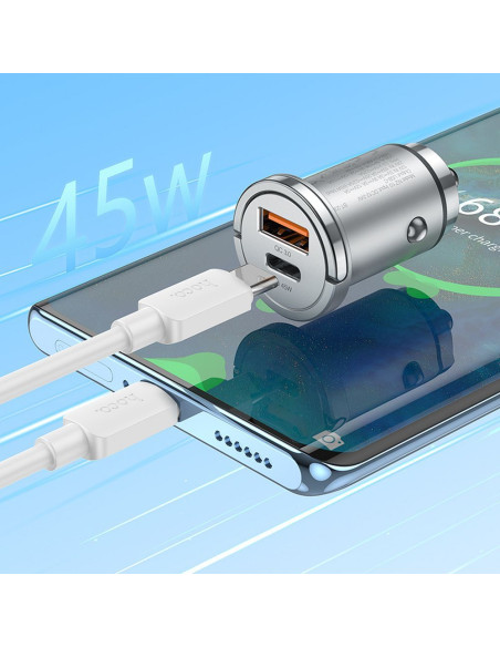 HOCO chargeur de voiture USB A + Type C PD QC3.0 4A 45W NZ10 argent