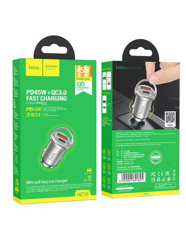 HOCO chargeur de voiture USB A + Type C PD QC3.0 4A 45W NZ10 argent