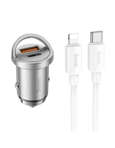 HOCO chargeur de voiture USB A + Type C + câble Type C vers Lightning PD QC3.0 4A 45W NZ10 argenté