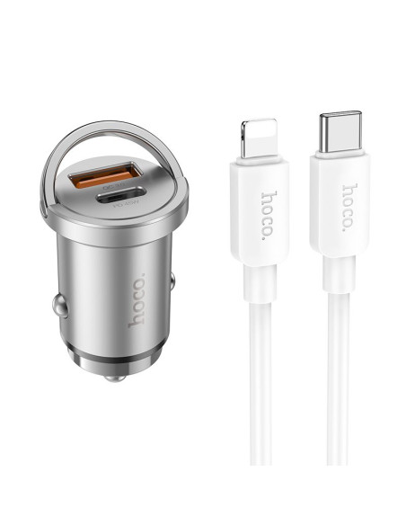 HOCO chargeur de voiture USB A + Type C + câble Type C vers Lightning PD QC3.0 4A 45W NZ10 argenté