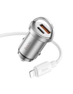 HOCO chargeur de voiture USB A + Type C + câble Type C vers Lightning PD QC3.0 4A 45W NZ10 argenté 2