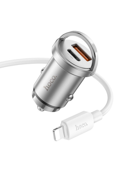 HOCO chargeur de voiture USB A + Type C + câble Type C vers Lightning PD QC3.0 4A 45W NZ10 argenté