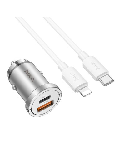HOCO chargeur de voiture USB A + Type C + câble Type C vers Lightning PD QC3.0 4A 45W NZ10 argenté