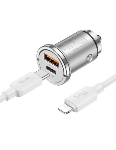 HOCO chargeur de voiture USB A + Type C + câble Type C vers Lightning PD QC3.0 4A 45W NZ10 argenté