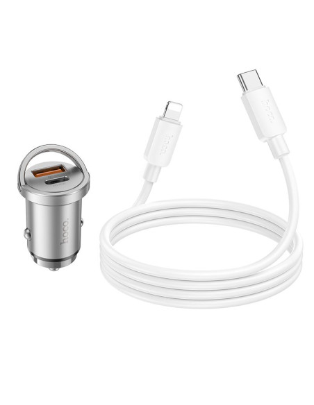 HOCO chargeur de voiture USB A + Type C + câble Type C vers Lightning PD QC3.0 4A 45W NZ10 argenté