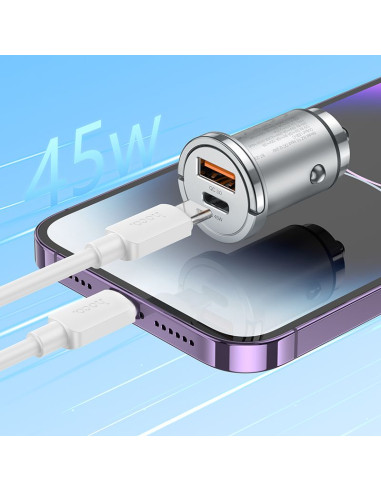HOCO chargeur de voiture USB A + Type C + câble Type C vers Lightning PD QC3.0 4A 45W NZ10 argenté