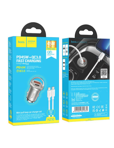 HOCO chargeur de voiture USB A + Type C + câble Type C vers Lightning PD QC3.0 4A 45W NZ10 argenté