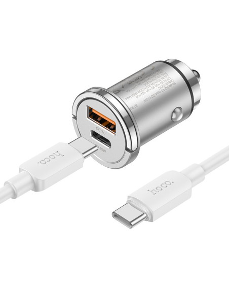 HOCO chargeur de voiture USB A + Type C + câble Type C vers Type C PD QC3.0 4A 45W NZ10 argent