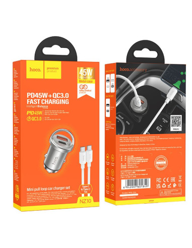 HOCO chargeur de voiture USB A + Type C + câble Type C vers Type C PD QC3.0 4A 45W NZ10 argent