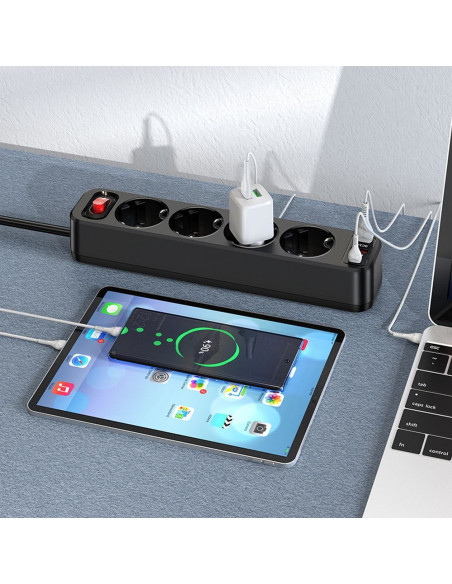 Bloc multiprises HOCO 4 prises + 2 x USB A + Type C PD QC3.0 3A 20W NS1 1.8 m noir