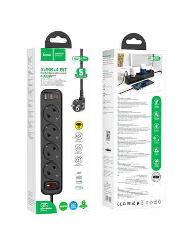 Bloc multiprises HOCO 4 prises + 2 x USB A + Type C PD QC3.0 3A 20W NS1 1.8 m noir