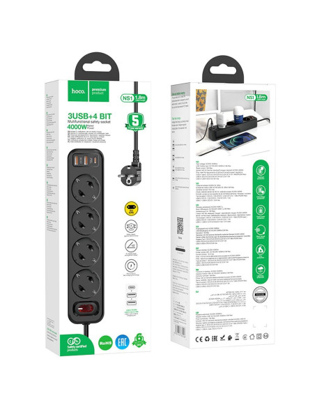 Bloc multiprises HOCO 4 prises + 2 x USB A + Type C PD QC3.0 3A 20W NS1 1.8 m noir
