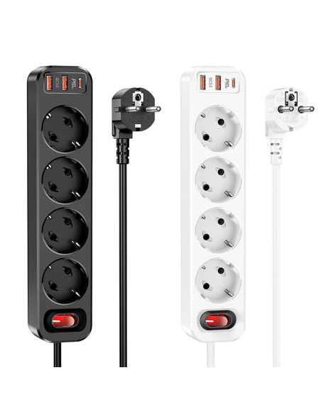Bloc multiprises HOCO 4 prises + 2 x USB A + Type C PD QC3.0 3A 20W NS1 1,8 m blanc