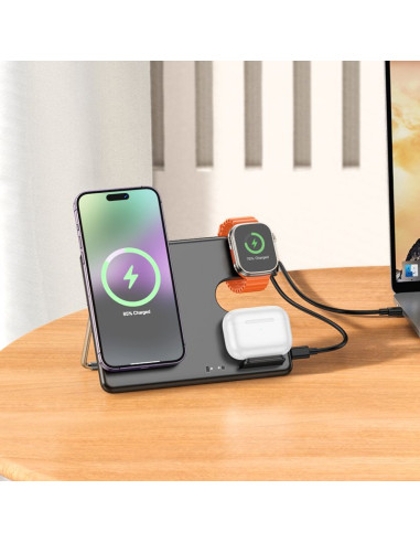 HOCO Chargeur inductif 3-en-1 compatible avec l'Apple Watch 15W CQ1 noir