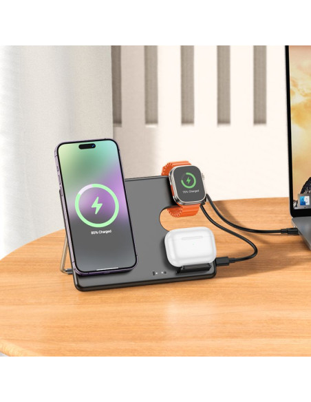 HOCO Chargeur inductif 3-en-1 compatible avec l'Apple Watch 15W CQ1 noir