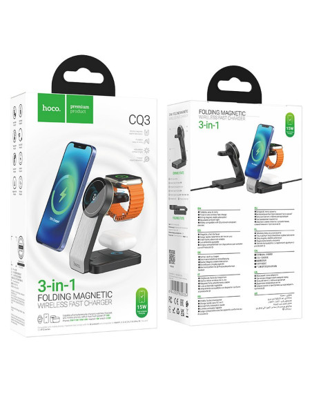 Chargeur inductif 3-en-1 HOCO compatible avec MagSafe 15W CQ3 noir