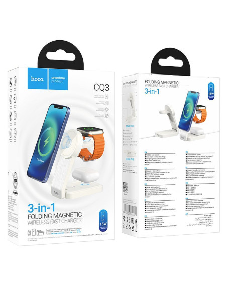 Chargeur inductif 3-en-1 HOCO compatible avec MagSafe 15W CQ3 blanc
