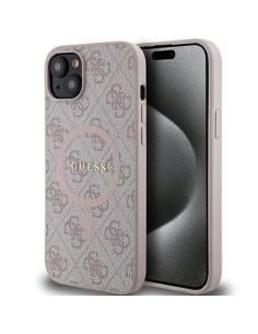 Véritable GUESS Case GUHMP15SG4GFRP pour iPhone 15 (Compatible avec Magsafe / 4G Ring classic logo / pink)