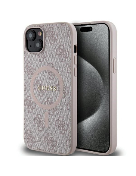 Véritable GUESS Case GUHMP15MG4GFRP pour iPhone 15 Plus (Compatible avec Magsafe / 4G Ring classic logo / pink)