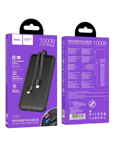 HOCO powerbank 10 000 mAh with cables Type C + Lightning 2A J118 black