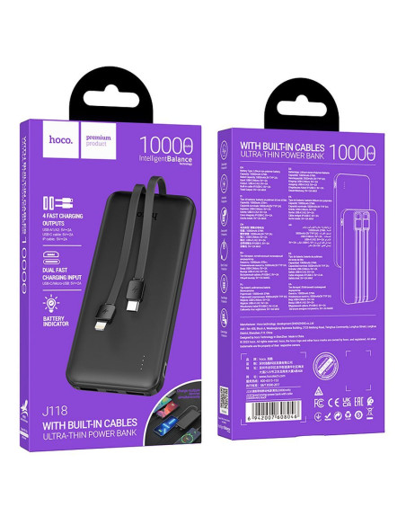 HOCO powerbank 10 000 mAh with cables Type C + Lightning 2A J118 black