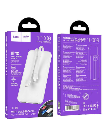 HOCO powerbank 10 000 mAh with cables Type C + Lightning 2A J118 white