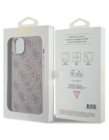Véritable GUESS Case GUHMP15MG4GFRP pour iPhone 15 Plus (Compatible avec Magsafe / 4G Ring classic logo / pink)