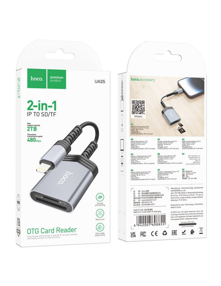 HOCO Lecteur de cartes mémoire 2-en-1 Lightning UA25 gris