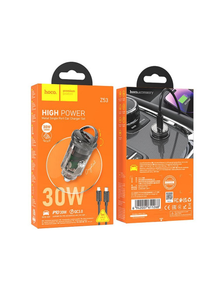 HOCO Chargeur de voiture Type C + câble Type C vers Lightning PD QC3.0 30W Z53 noir