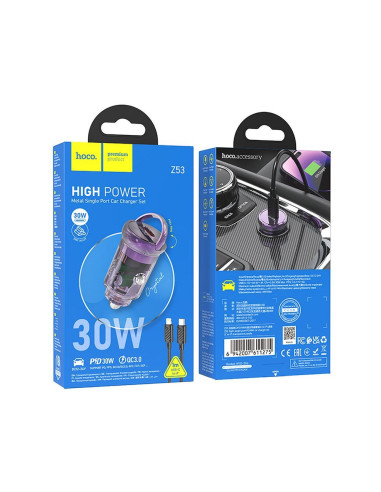 HOCO Chargeur de voiture Type C + Câble Type C vers Lightning PD QC3.0 30W Z53 violet