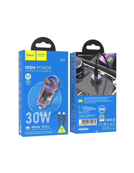 HOCO Chargeur de voiture Type C + Câble Type C vers Lightning PD QC3.0 30W Z53 violet