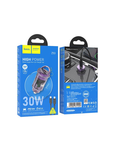 HOCO Chargeur de voiture Type C + câble Type C vers Type C PD QC3.0 30W Z53 violet