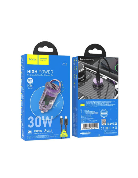 HOCO Chargeur de voiture Type C + câble Type C vers Type C PD QC3.0 30W Z53 violet