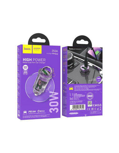 HOCO chargeur de voiture USB A + Type C PD QC3.0 3A Z53A transparent violet