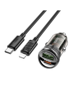 HOCO chargeur de voiture USB A + Type C + câble Type C vers Lightning PD QC3.0 3A 30W Z53A noir