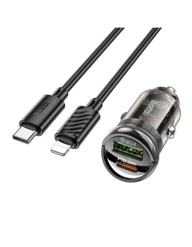 HOCO chargeur de voiture USB A + Type C + câble Type C vers Lightning PD QC3.0 3A 30W Z53A noir