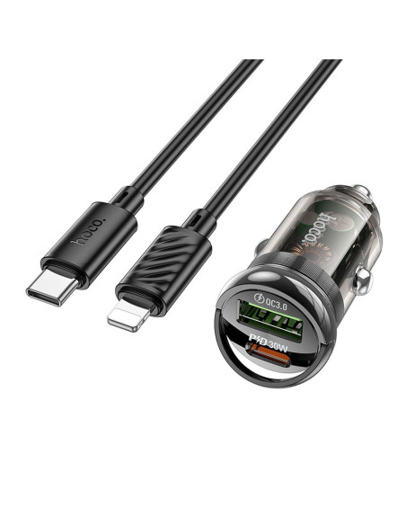 HOCO chargeur de voiture USB A + Type C + câble Type C vers Lightning PD QC3.0 3A 30W Z53A noir