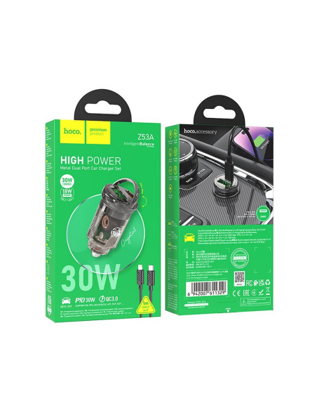 HOCO chargeur de voiture USB A + Type C + câble Type C vers Lightning PD QC3.0 3A 30W Z53A noir