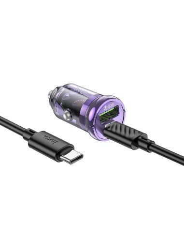 HOCO chargeur de voiture USB A + Type C + câble Type C vers Type C PD QC3.0 3A 30W Z53A violet