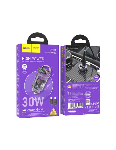 HOCO chargeur de voiture USB A + Type C + câble Type C vers Type C PD QC3.0 3A 30W Z53A violet