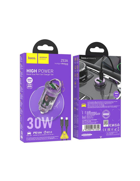 HOCO chargeur de voiture USB A + Type C + câble Type C vers Type C PD QC3.0 3A 30W Z53A violet
